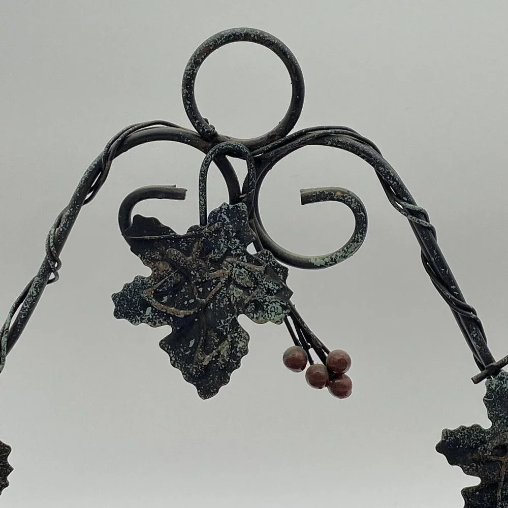 Wall Pocket Basket Semicircle Wood‎ Slat Metal Grape Leaf Scroll French Country
